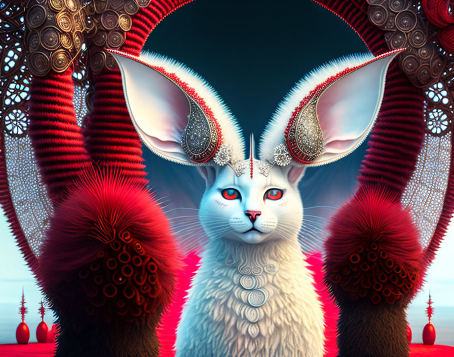 Majestic white rabbit with blue eyes and intricate crown on red background