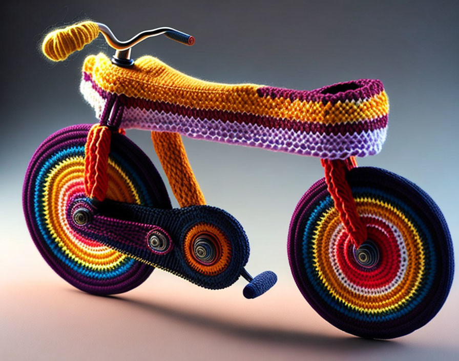 Colorful Knitted Bicycle with Rainbow Wheels and Gradient Background