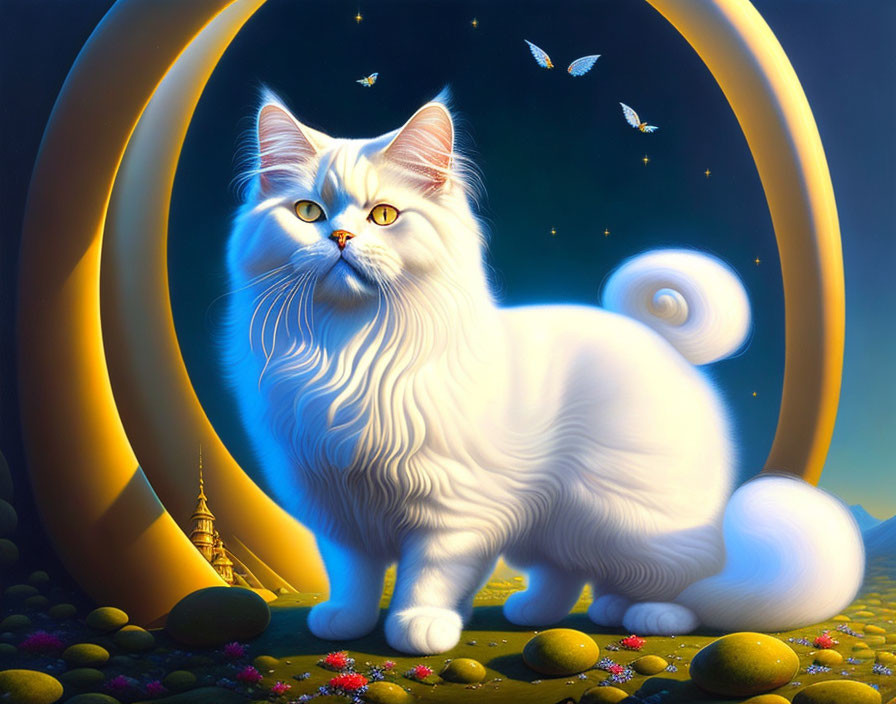 White Long-Haired Cat in Surreal Moonlit Landscape