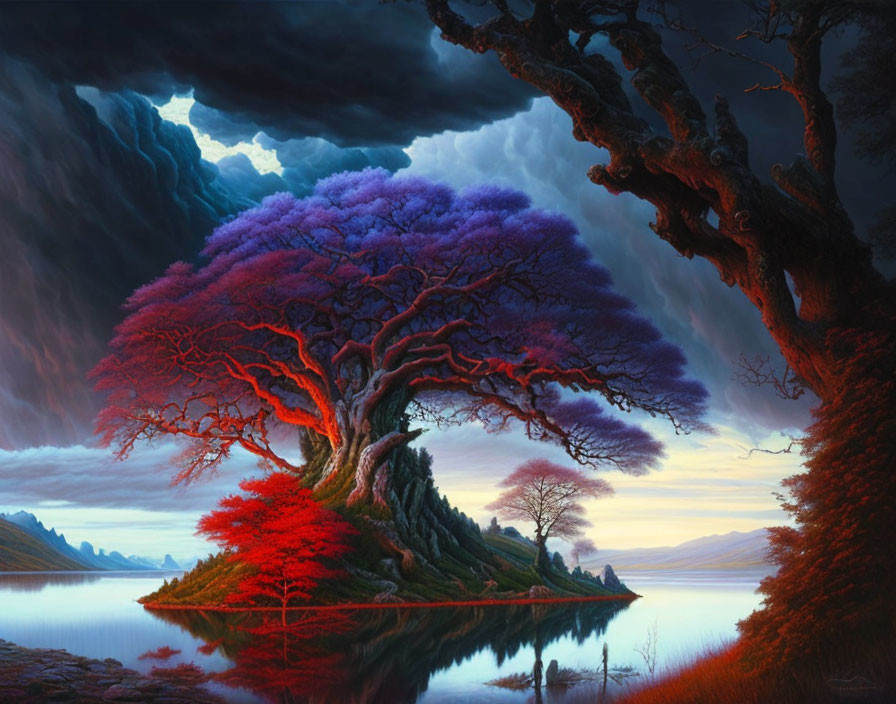 Majestic purple tree in surreal landscape with dramatic sky and calm lake