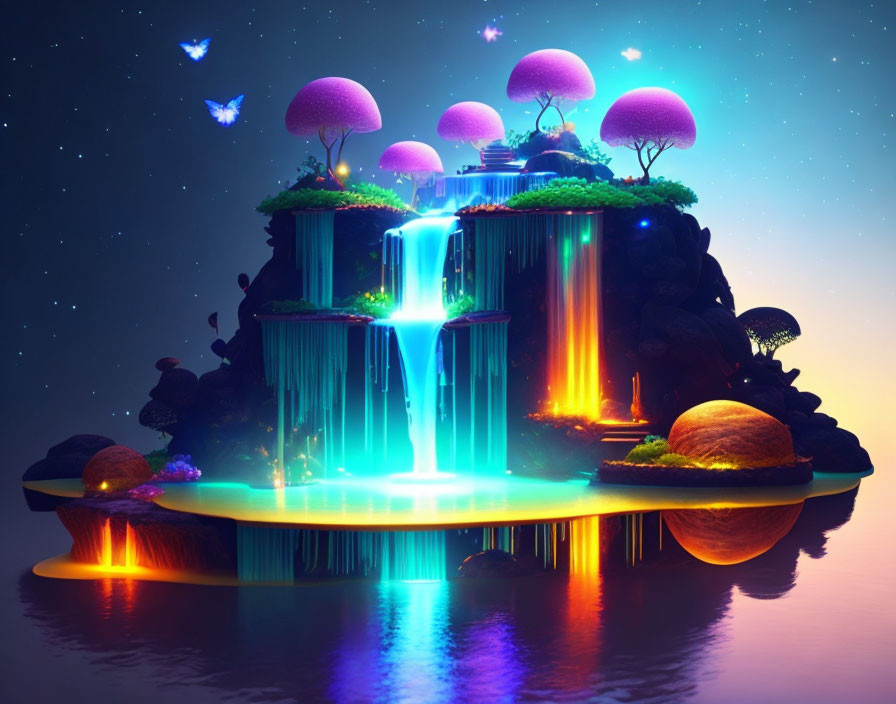 Surreal landscape with floating island, glowing waterfalls, neon flora, and luminescent butterflies