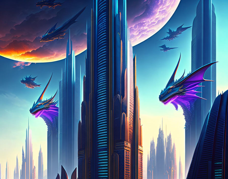 Futuristic cityscape with alien sky, skyscrapers, and dragon-like creatures