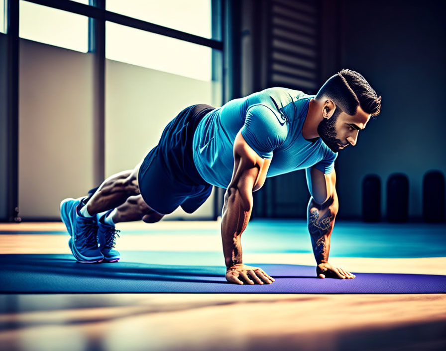 Tattooed man doing push-up on purple yoga mat in bright room