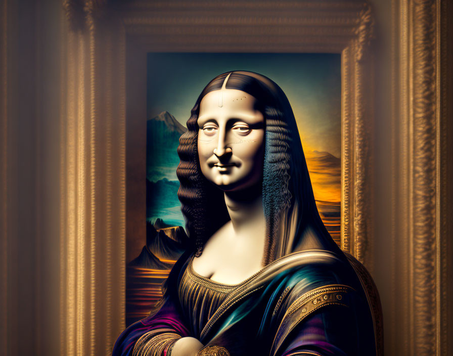 Vibrant golden digital Mona Lisa reinterpretation in 3D.