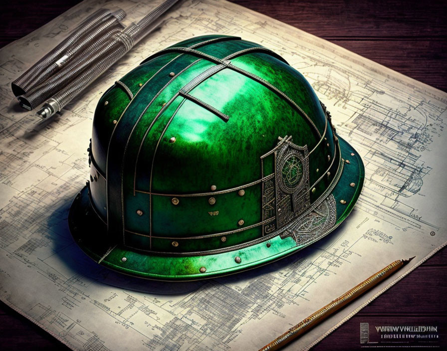 Vintage Green Firefighter Helmet on Blueprints with Pencils