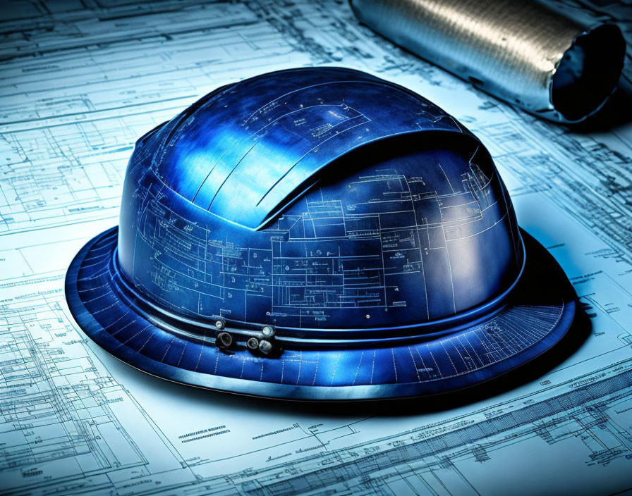 Blue Hard Hat on Architectural Blueprints with Rolled-Up Plan