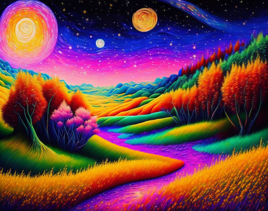 Surreal landscape with swirling skies, glowing river, colorful trees, undulating hills, and two