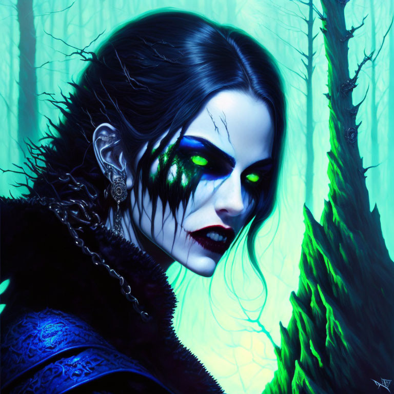 Digital Artwork: Female Figure with Striking Green Eyes and Gothic Theme