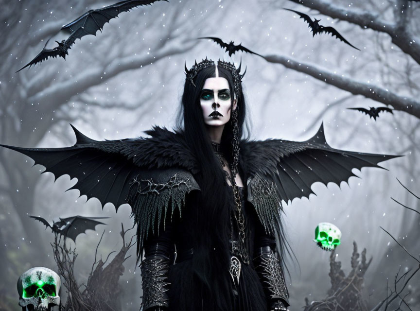 Gothic fantasy costume with winged shoulders in misty forest