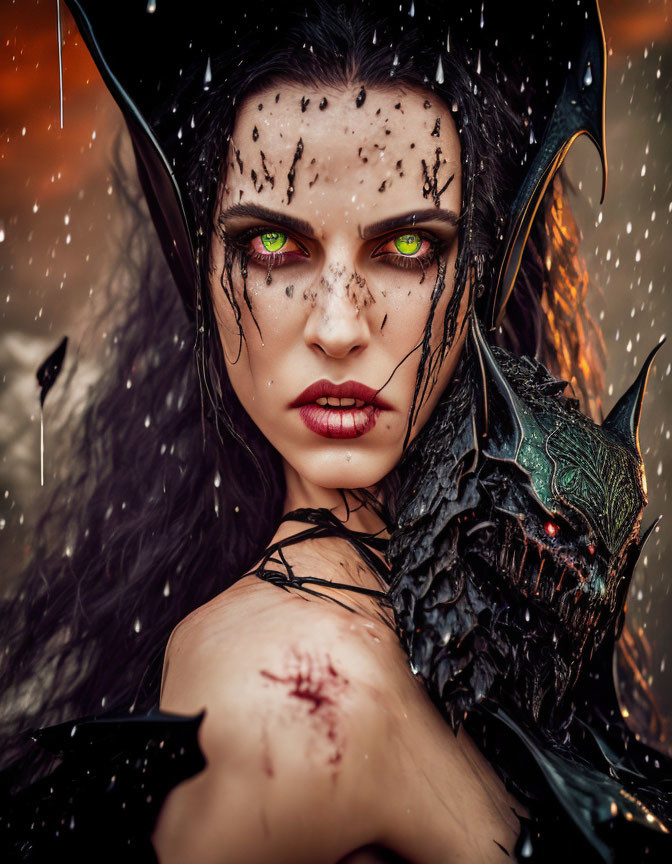 Fantasy character with emerald eyes, dark makeup, and sharp horns in fiery setting