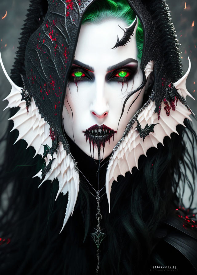 Gothic fantasy character with green hair, red eyes, bat wings, dark attire.