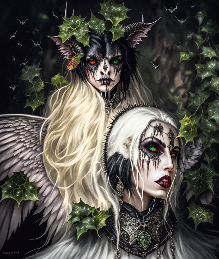 Fantasy characters with dark horns and bat-like features, and one with white hair and elfin ears