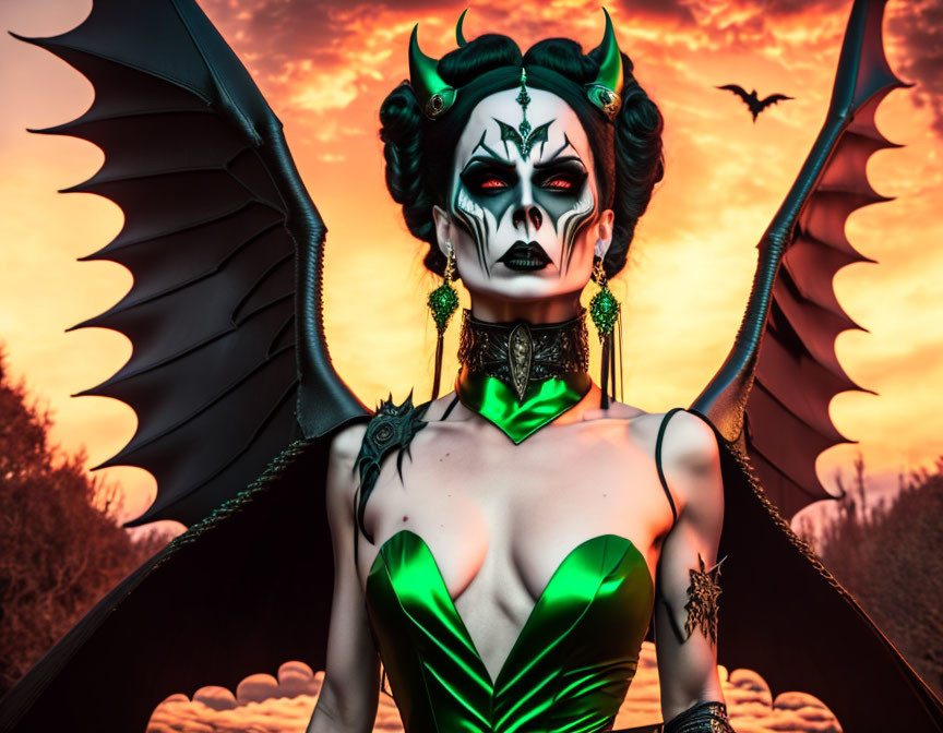 Elaborate demon costume with dramatic makeup and gothic attire against fiery backdrop