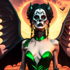 Elaborate demon costume with dramatic makeup and gothic attire against fiery backdrop