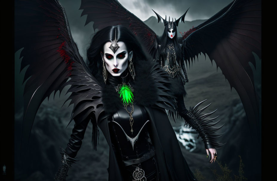 Gothic figures with dark angel wings in elaborate black costumes