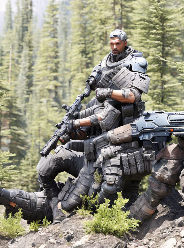 Futuristic soldier in heavy armor with rifle and robotic companion on rocky terrain