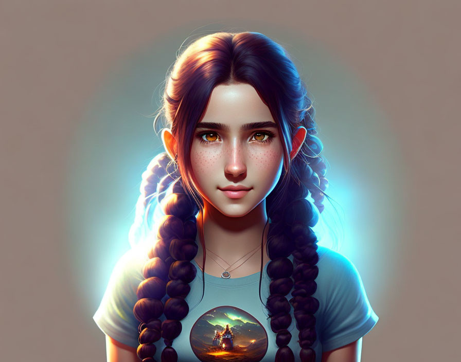 Young woman with braided hair in seascape t-shirt on warm background