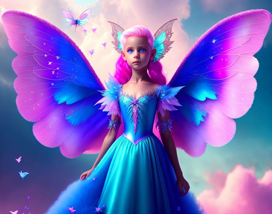 Colorful Fantasy Illustration of Girl with Butterfly Wings and Butterflies in Pink Sky