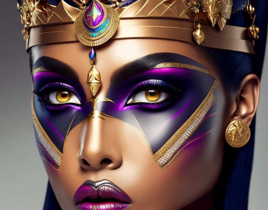 Regal woman with Egyptian-inspired makeup and ornate headdress