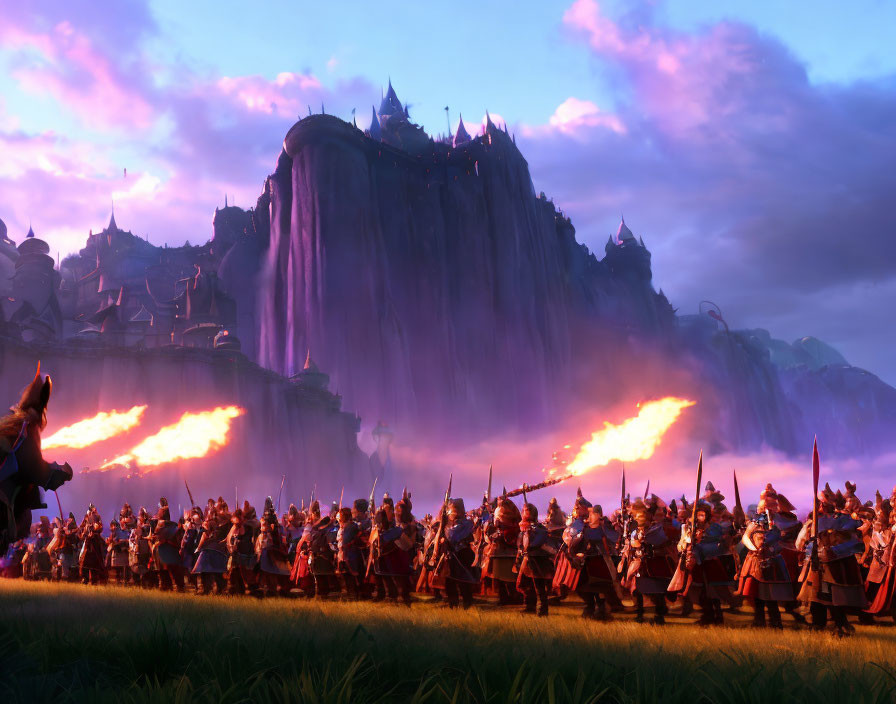 Animated army with spears ready for battle at dusk with fiery castle cliff.