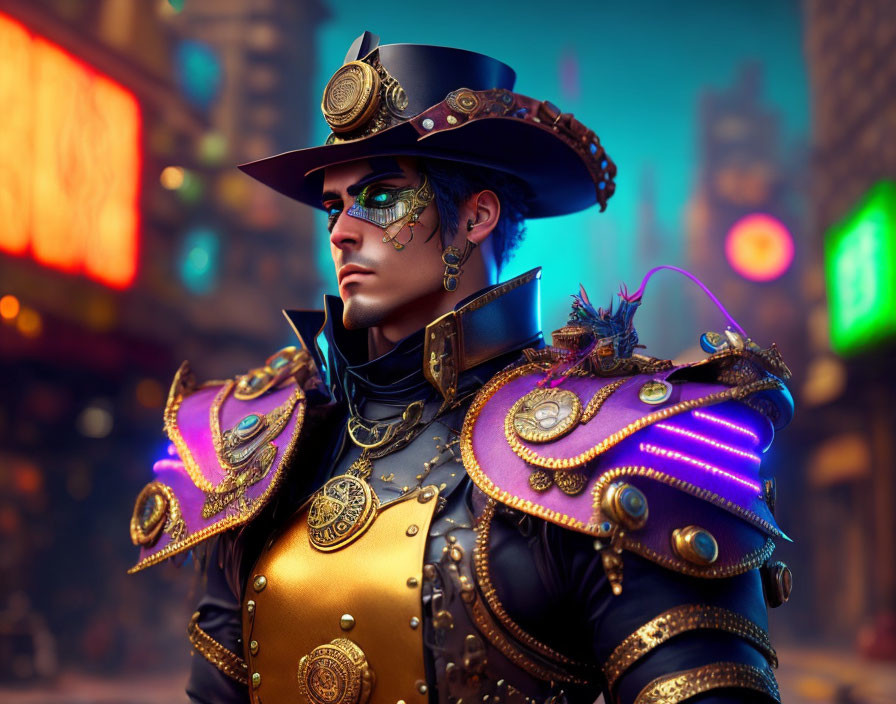 Steampunk-inspired character with goggles and shoulder armor in neon-lit city.