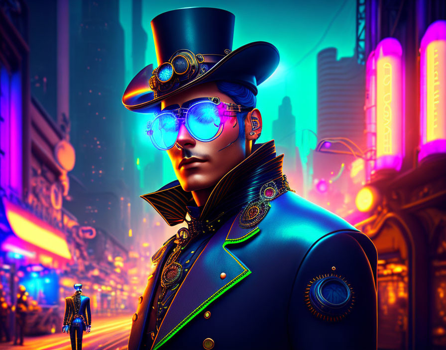 Futuristic steampunk man with top hat and glowing glasses in neon-lit cityscape