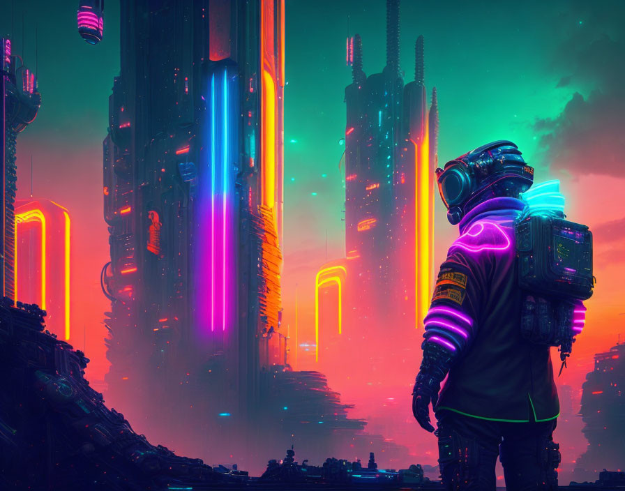 Astronaut in front of neon-lit futuristic cityscape at twilight