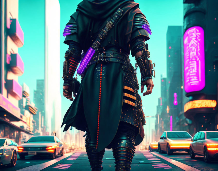 Futuristic warrior in neon cloak on cyberpunk city street