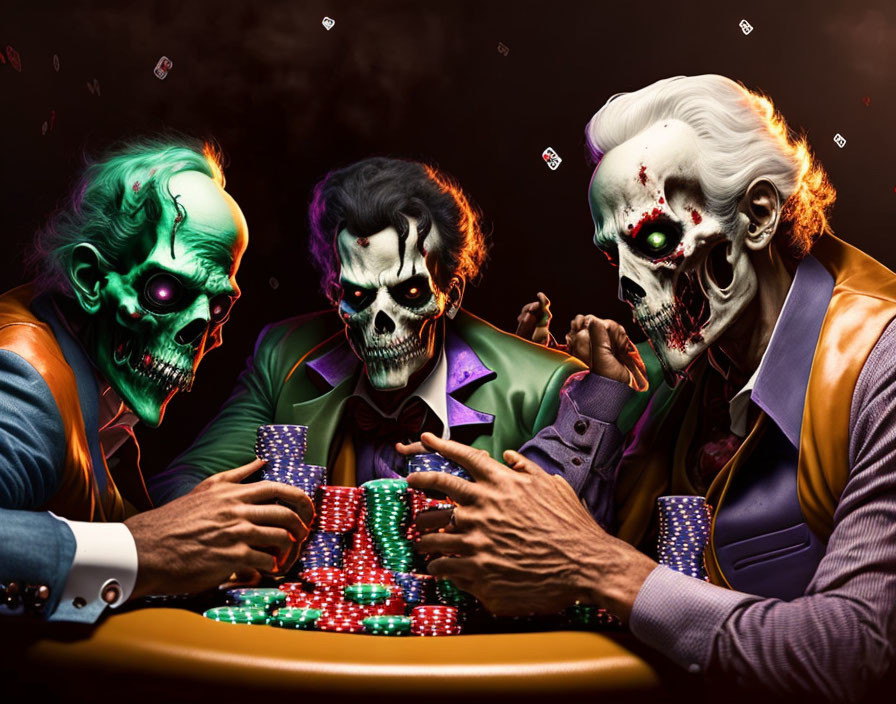 Skeleton-faced characters in suits playing poker with glowing eyes, surrounded by flying cards and chips