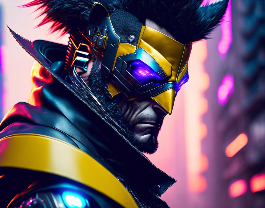 Futuristic helmet with glowing purple visor in neon-lit city