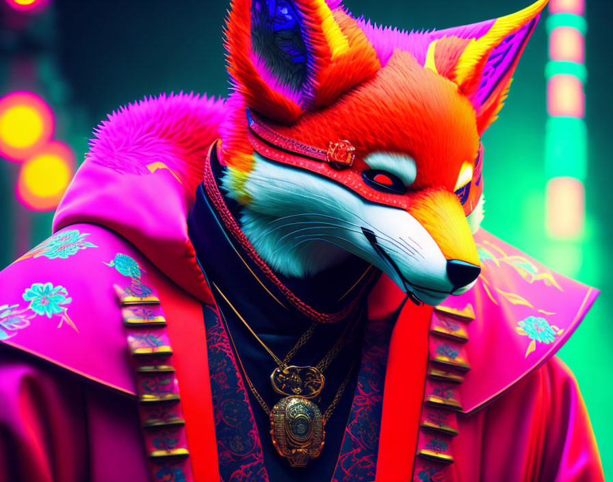 Colorful digital artwork: anthropomorphic fox in Japanese attire with neon details.