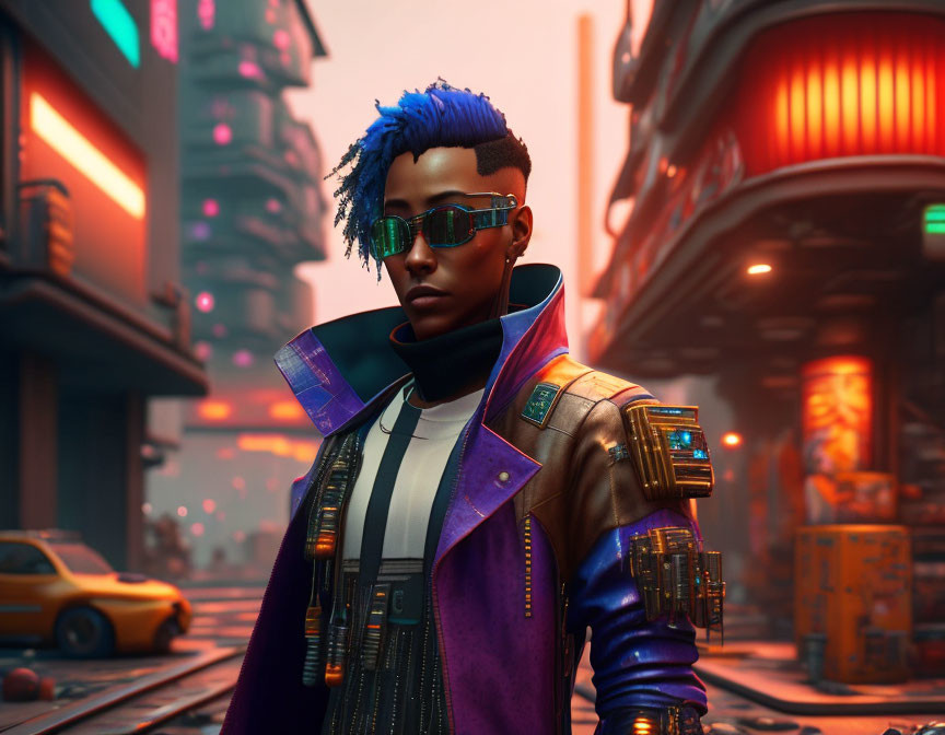 Male character with blue hair and sunglasses in futuristic cityscape