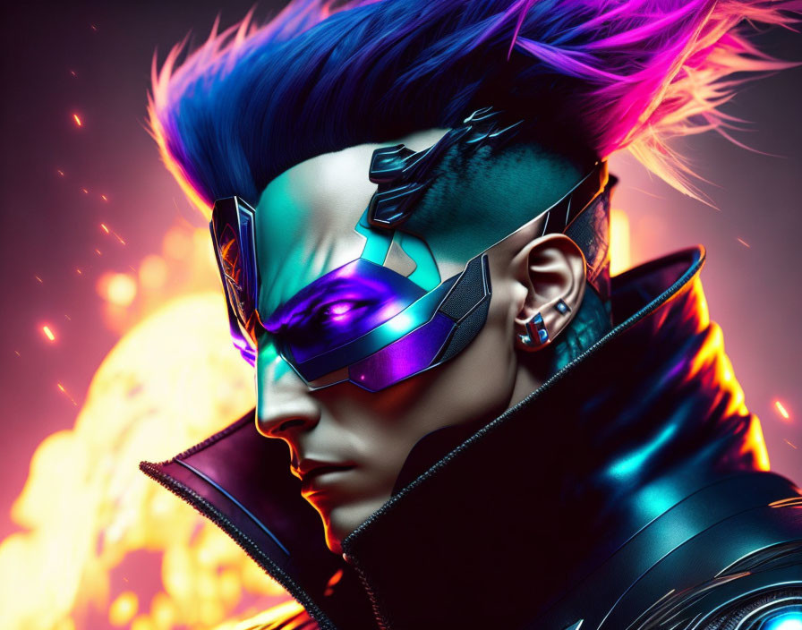 Person with futuristic cyborg design and blue mohawk against explosive backdrop