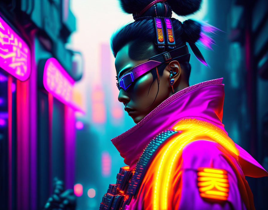 Futuristic cyberpunk attire in neon-lit alley