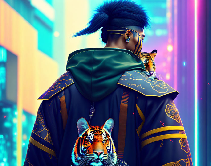 Futuristic cyberpunk style person with tiger print jacket and tiger on shoulder in neon-lit setting