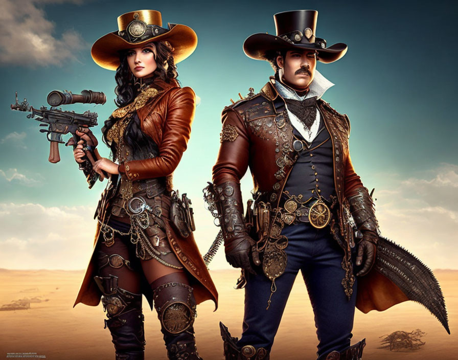 Steampunk cowboy couple in desert scene with rifle and pistol