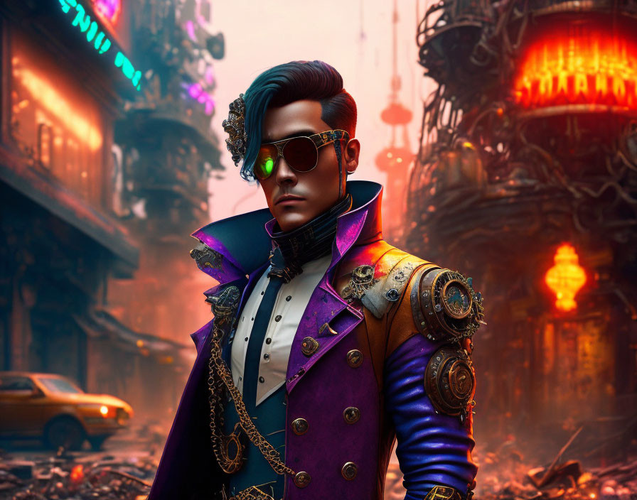 Purple Jacket Animated Character in Cyberpunk Cityscape