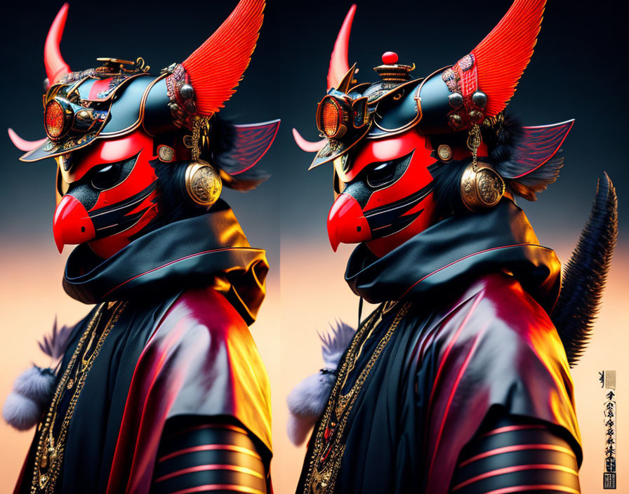 Digital artwork: Figure in red and black samurai helmet with wings and mask on gradient background