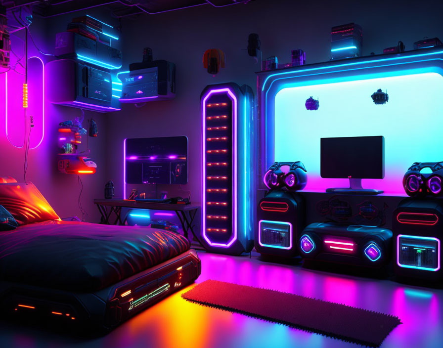 Futuristic cyberpunk room with neon lights and gaming setup