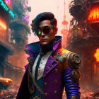 Male character with blue hair and sunglasses in futuristic cityscape