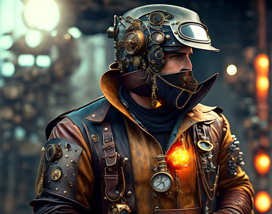 Steampunk costume with brass helmet, goggles, gears, and glowing chest device