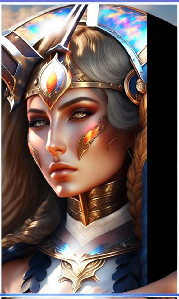 Digital Artwork: Female Character with Braided Blonde Hair and Golden Armor