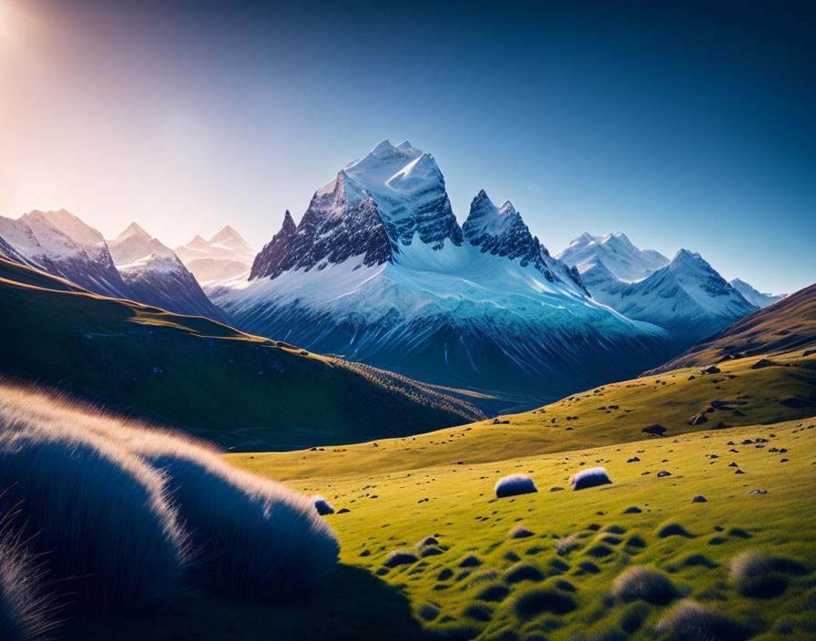 Tranquil landscape: grassy valley, grazing sheep, snow-capped mountains