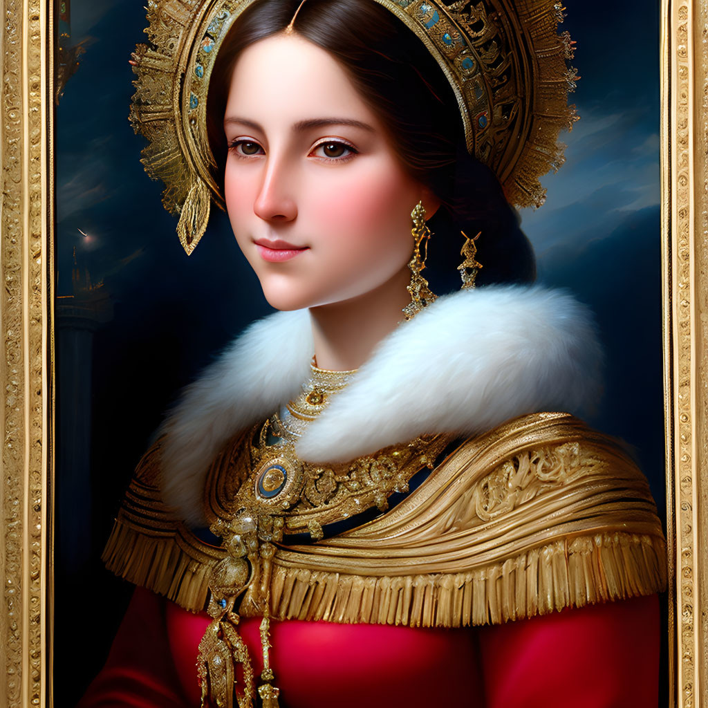 Serene woman portrait with golden headdress and red dress