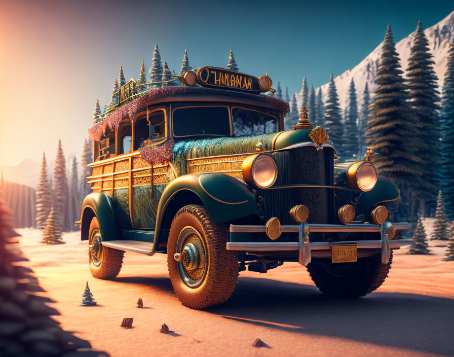 Vintage-style Ornamental Bus in Snowy Sunset Scene