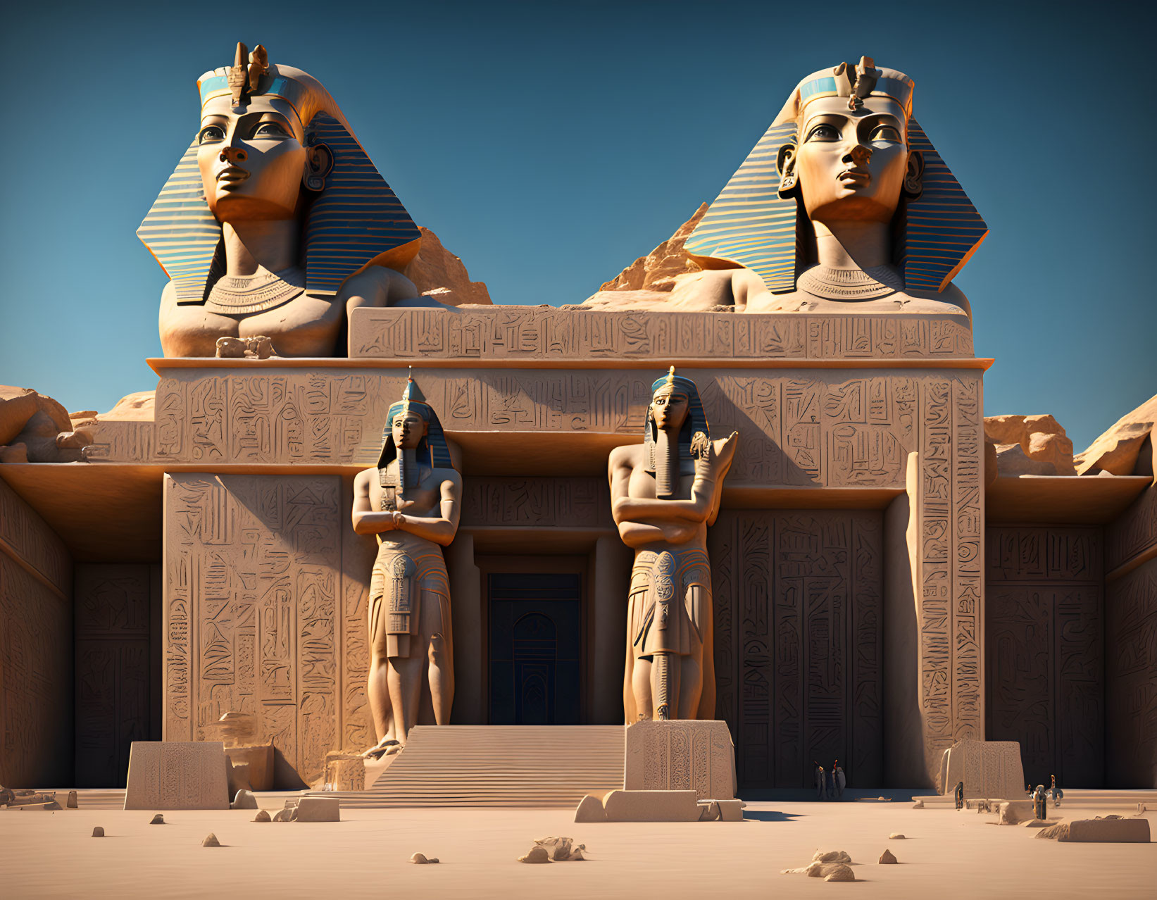 Ancient Egyptian statues with pharaonic headdresses in desert setting