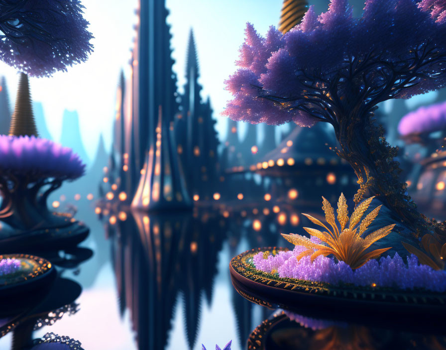 Fantastical landscape with purple foliage and spire-like structures