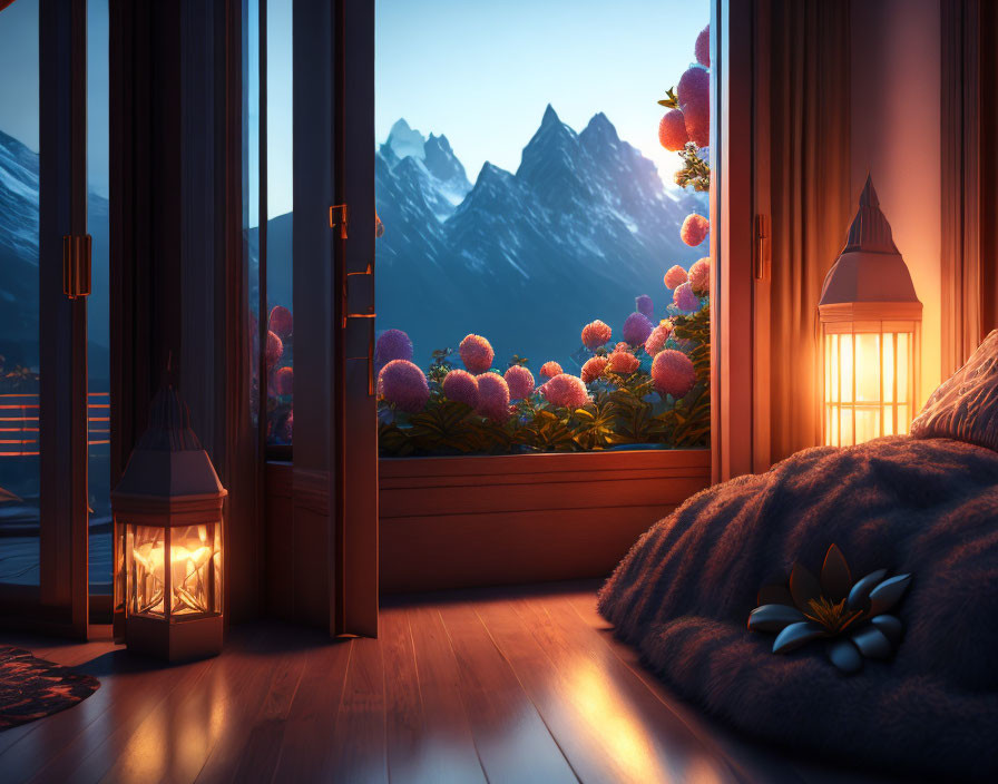 Mountain cabin room at sunset with open door, lantern, flowers, and blanket