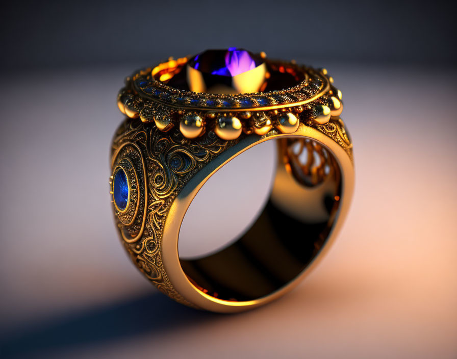 Golden Ring with Purple and Blue Gemstones - Ornate Design