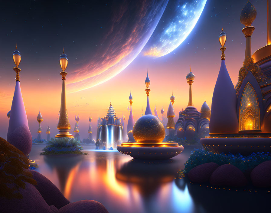 Fantastical landscape with glowing buildings, starry sky, ringed planet, waterfalls, serene